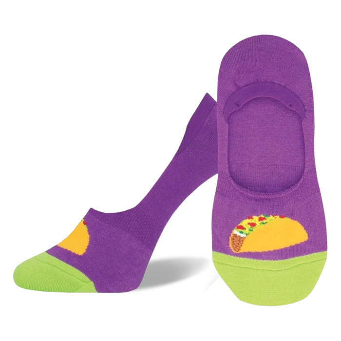 purple womens taco liner socks with green toe and heel. taco tuesday design with yellow shell, brown filling, and red lettuce. 