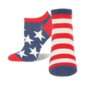 Ankle socks in red, white, and blue. One sock features white stars on a blue background; the other has red and white stripes.