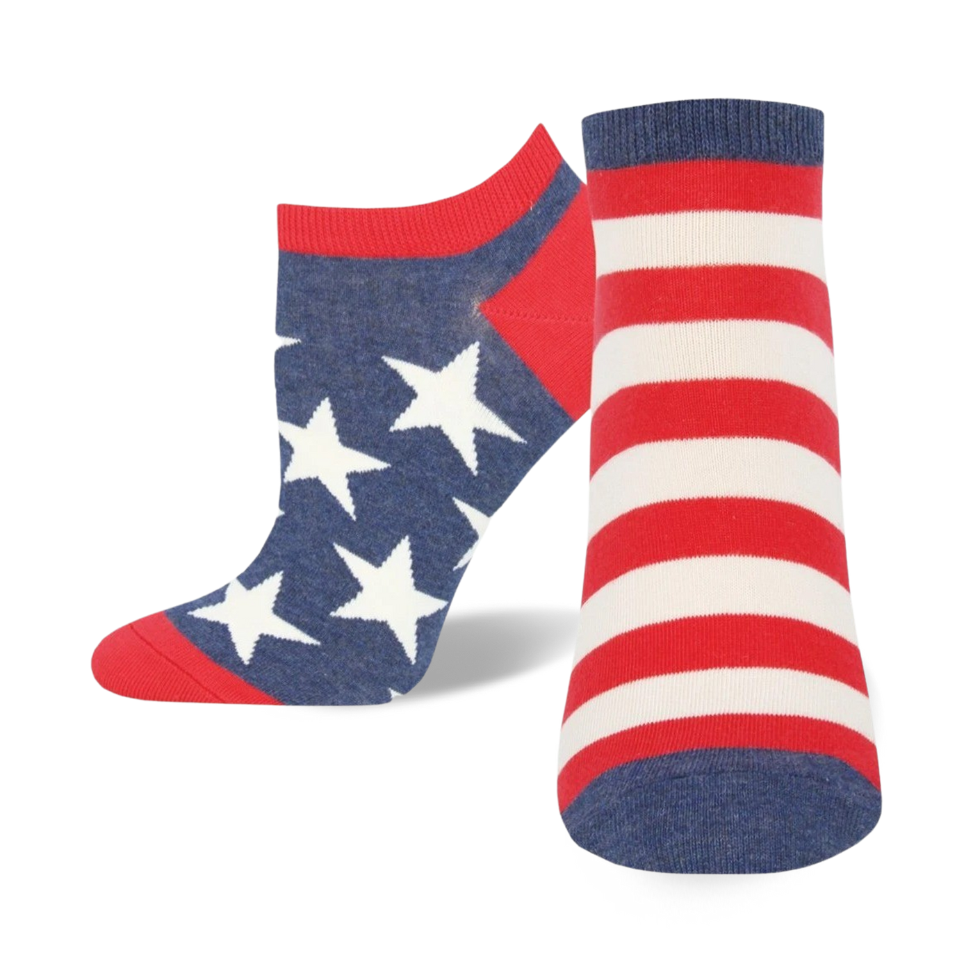 Ankle socks in red, white, and blue. One sock features white stars on a blue background; the other has red and white stripes.