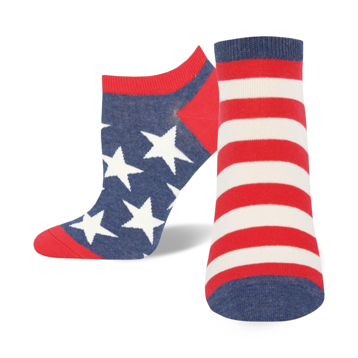 Ankle socks in red, white, and blue. One sock features white stars on a blue background; the other has red and white stripes.