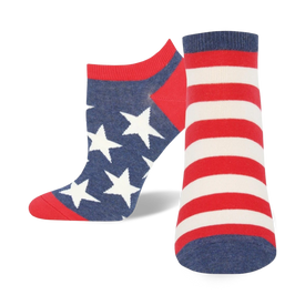 patriotic women's ankle socks representing the american flag in red, white, and blue.   