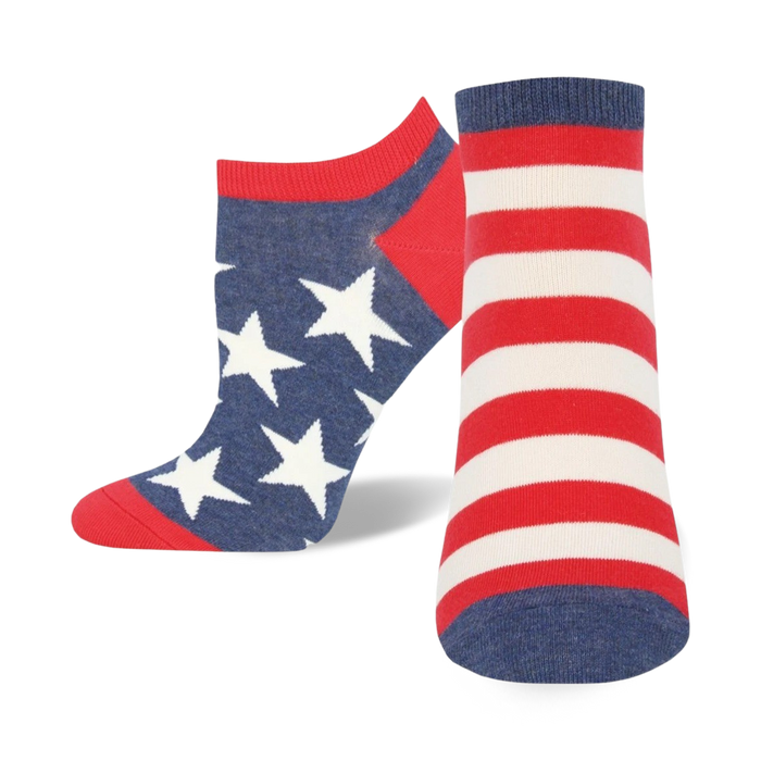 patriotic women's ankle socks representing the american flag in red, white, and blue.    }}