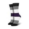 Pair of asexual pride crew socks. Black, gray, white, and purple horizontal stripes.