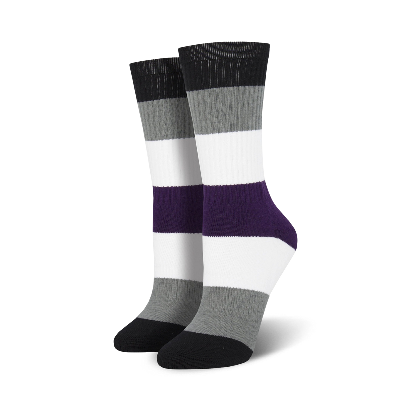 Pair of asexual pride crew socks. Black, gray, white, and purple horizontal stripes.