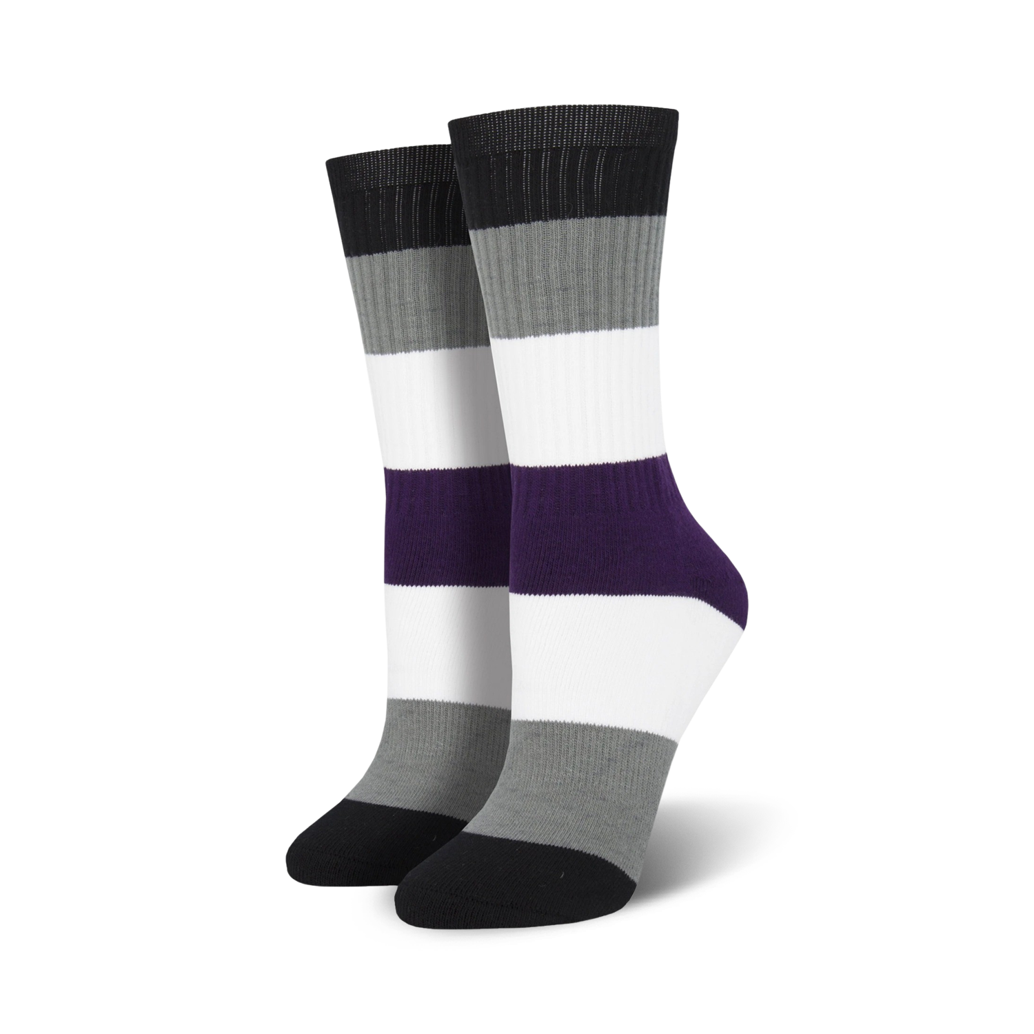 Pair of asexual pride crew socks. Black, gray, white, and purple horizontal stripes.