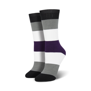 crew length ace pride socks with four stripes: black, grey, purple, and white for men and women.   