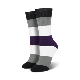 crew length ace pride socks with four stripes: black, grey, purple, and white for men and women.   