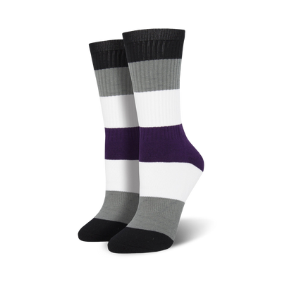 crew length ace pride socks with four stripes: black, grey, purple, and white for men and women.   