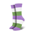 Pair of genderqueer pride crew socks in lavender, white, and green horizontal stripes.