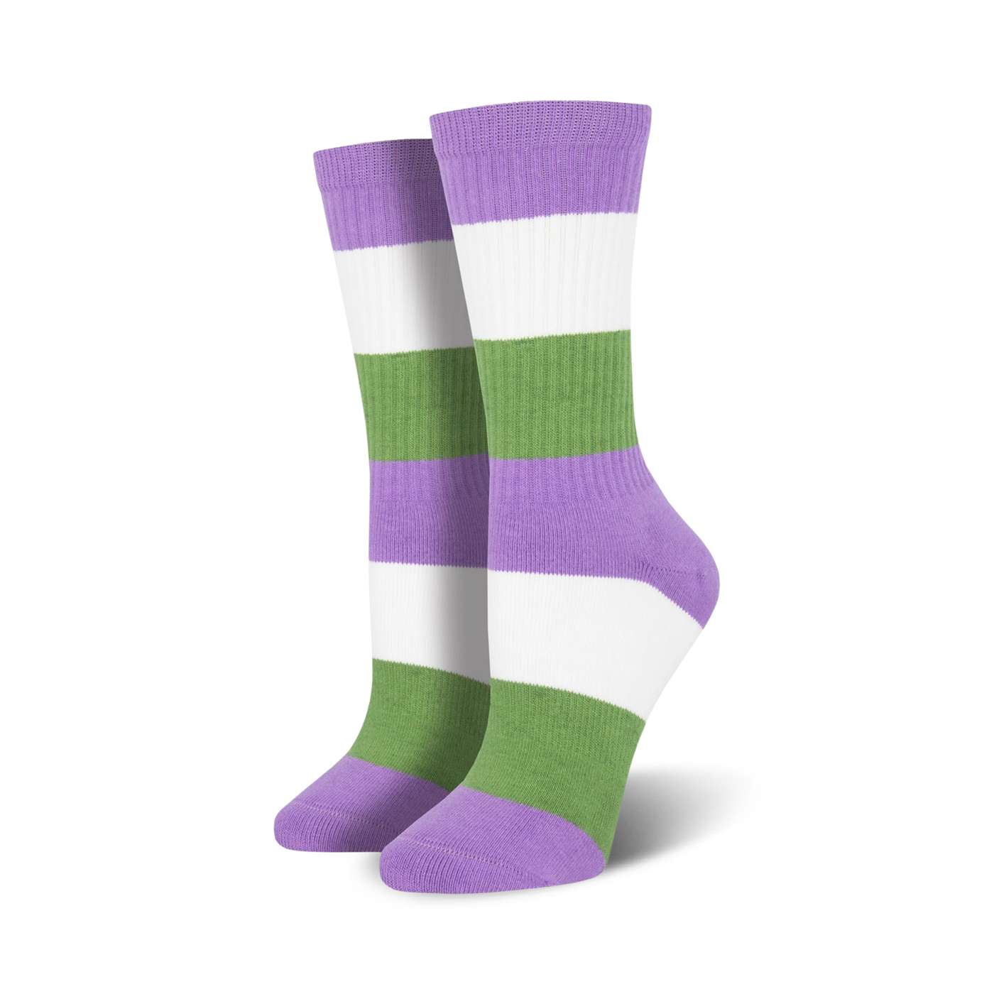 Pair of genderqueer pride crew socks in lavender, white, and green horizontal stripes.