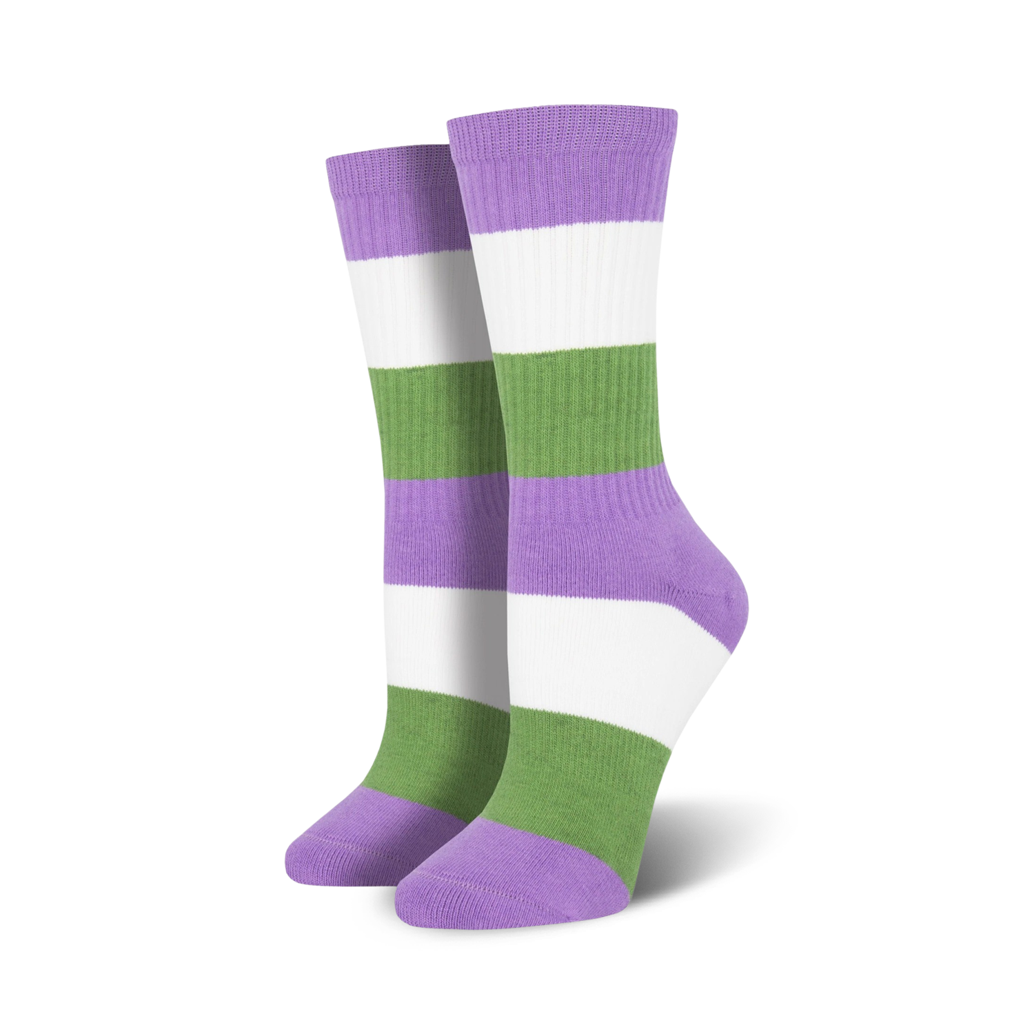 Pair of genderqueer pride crew socks in lavender, white, and green horizontal stripes.