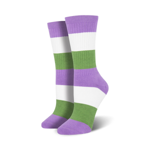 genderqueer pride crew socks with horizontal lavender, white, and green stripes.   