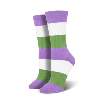 genderqueer pride crew socks with horizontal lavender, white, and green stripes.   