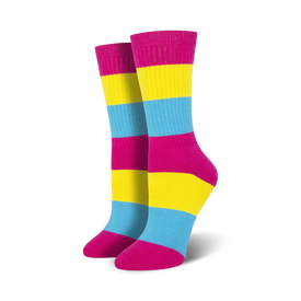 pink, yellow, and light blue striped crew socks show your pan pride.  