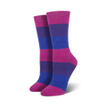A pair of bisexual pride crew socks in pink, purple, and blue horizontal stripes. The socks are shown from the side.