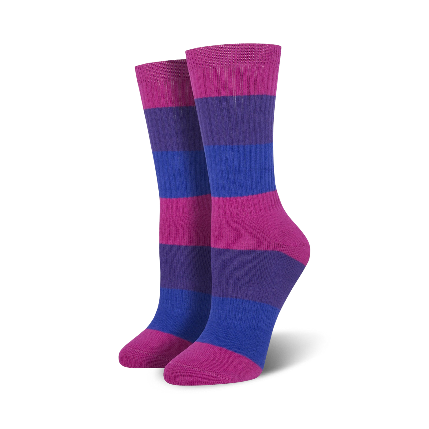 A pair of bisexual pride crew socks in pink, purple, and blue horizontal stripes. The socks are shown from the side.