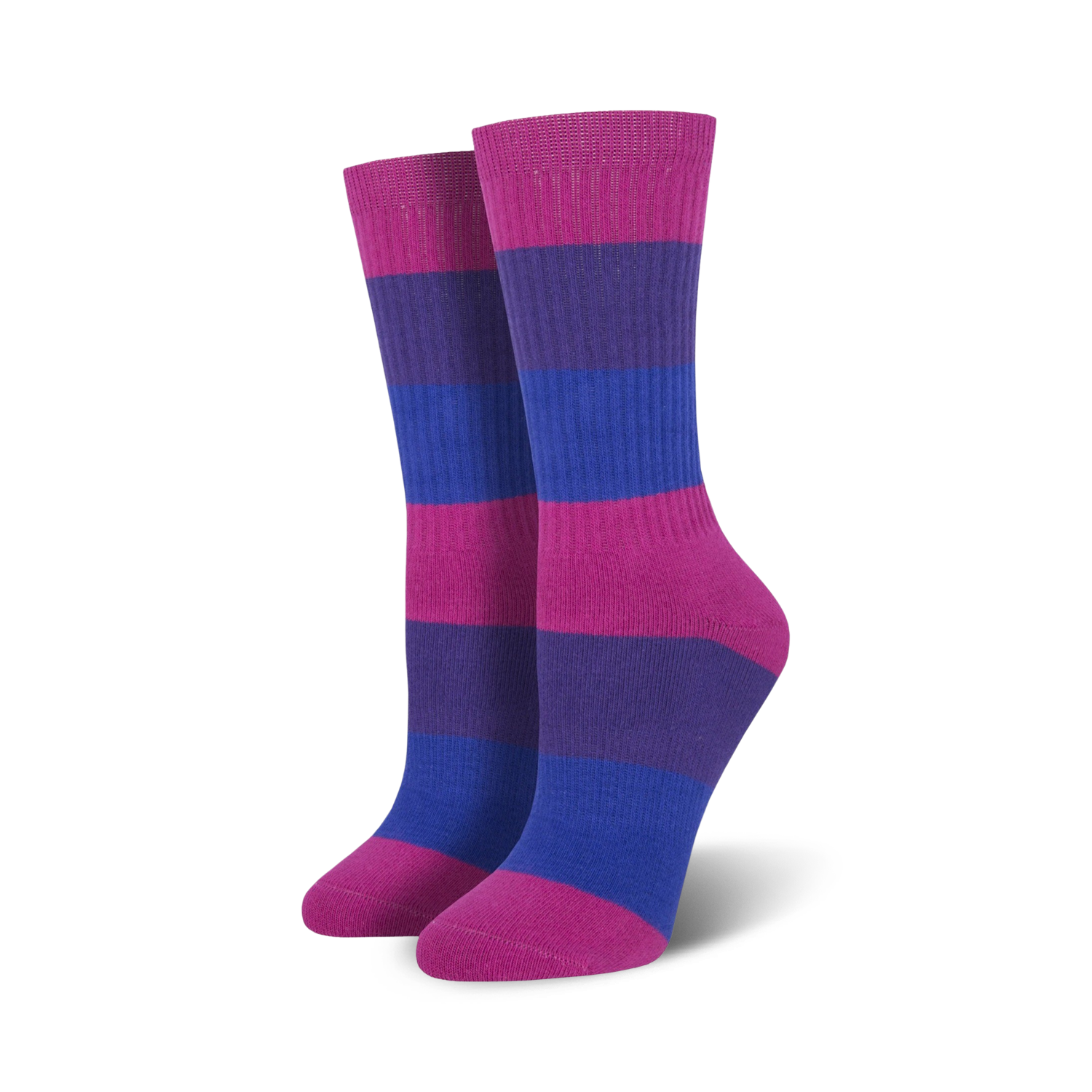 A pair of bisexual pride crew socks in pink, purple, and blue horizontal stripes. The socks are shown from the side.