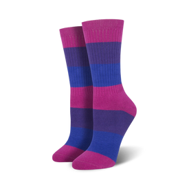 crew socks with 3 horizontal stripes in bright pink, purple, and blue for men and women to show their pride.  