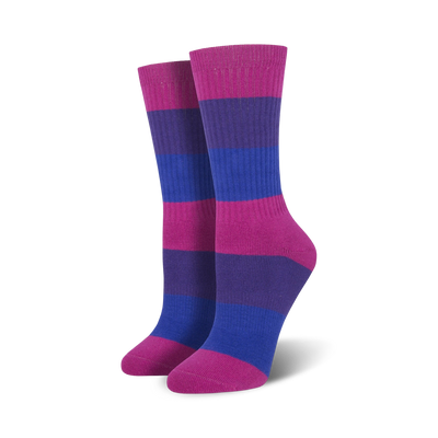 crew socks with 3 horizontal stripes in bright pink, purple, and blue for men and women to show their pride.  