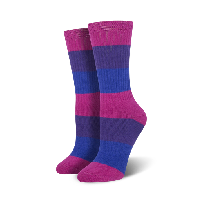 crew socks with 3 horizontal stripes in bright pink, purple, and blue for men and women to show their pride.   }}