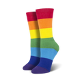 Pair of rainbow striped crew socks.  Features red, orange, yellow, green, blue, and purple stripes.