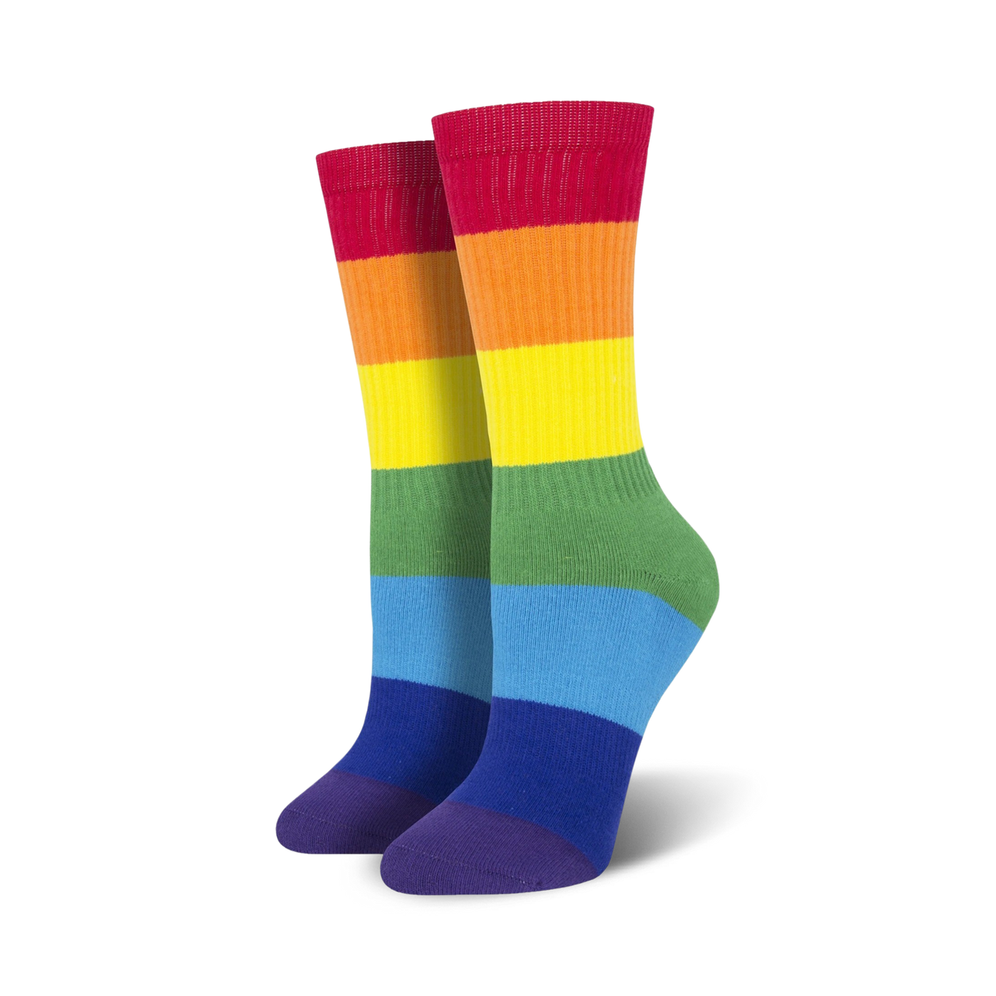 Pair of rainbow striped crew socks.  Features red, orange, yellow, green, blue, and purple stripes.
