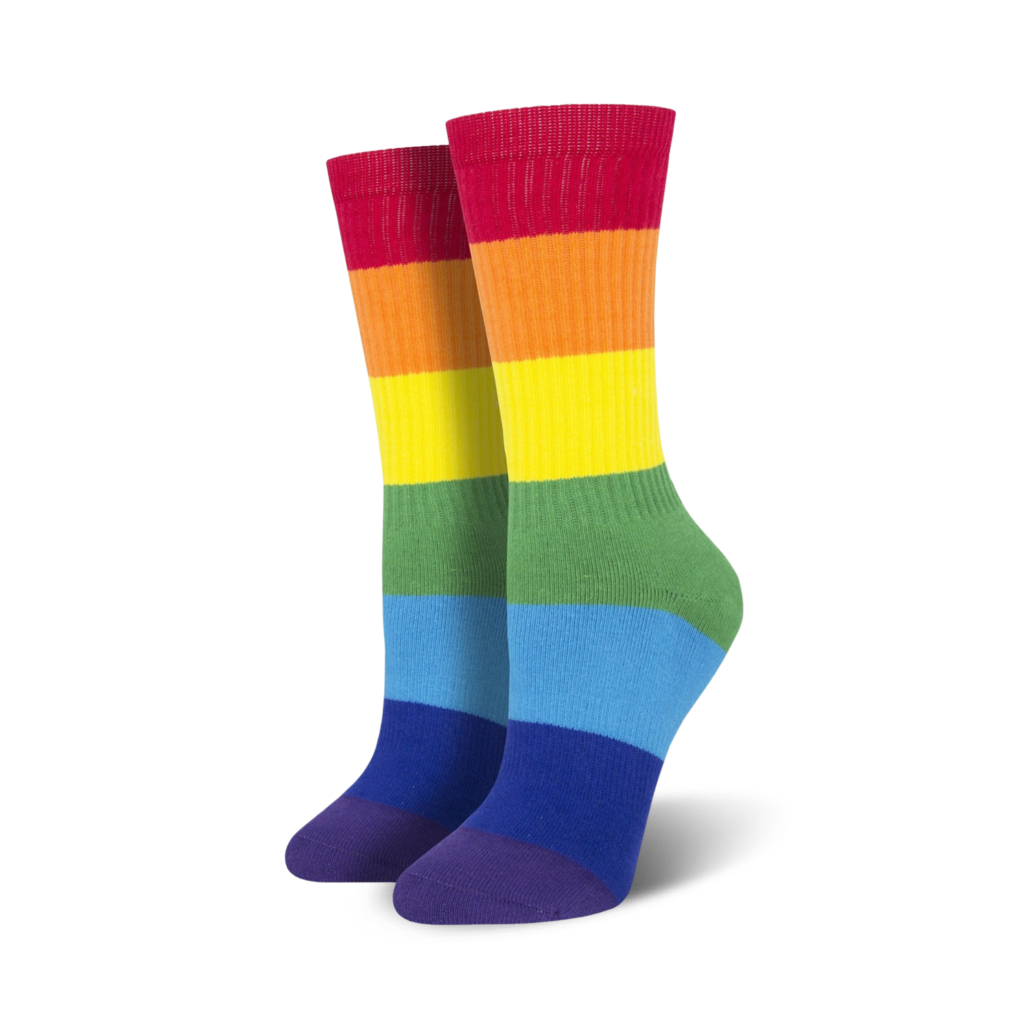 Pair of rainbow striped crew socks.  Features red, orange, yellow, green, blue, and purple stripes.