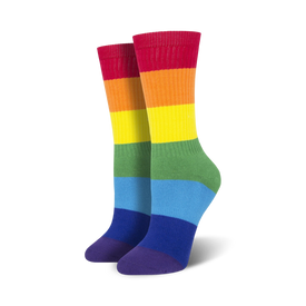 crew socks with horizontal stripes in the colors of the rainbow. made for men and women. perfect for pride events.  