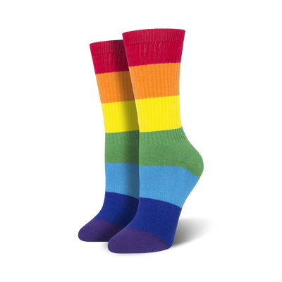 crew socks with horizontal stripes in the colors of the rainbow. made for men and women. perfect for pride events.  