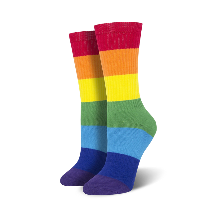 crew socks with horizontal stripes in the colors of the rainbow. made for men and women. perfect for pride events.  