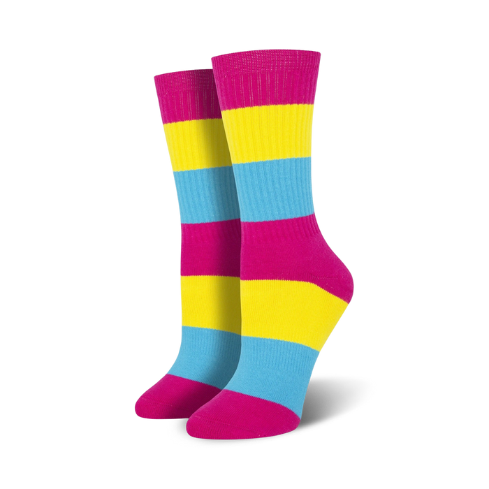 pan pride theme, crew length socks for men and women in pink, yellow, and light blue stripes.   