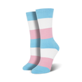 Pair of crew socks in light blue, pink, and white horizontal stripes representing the transgender pride flag.
