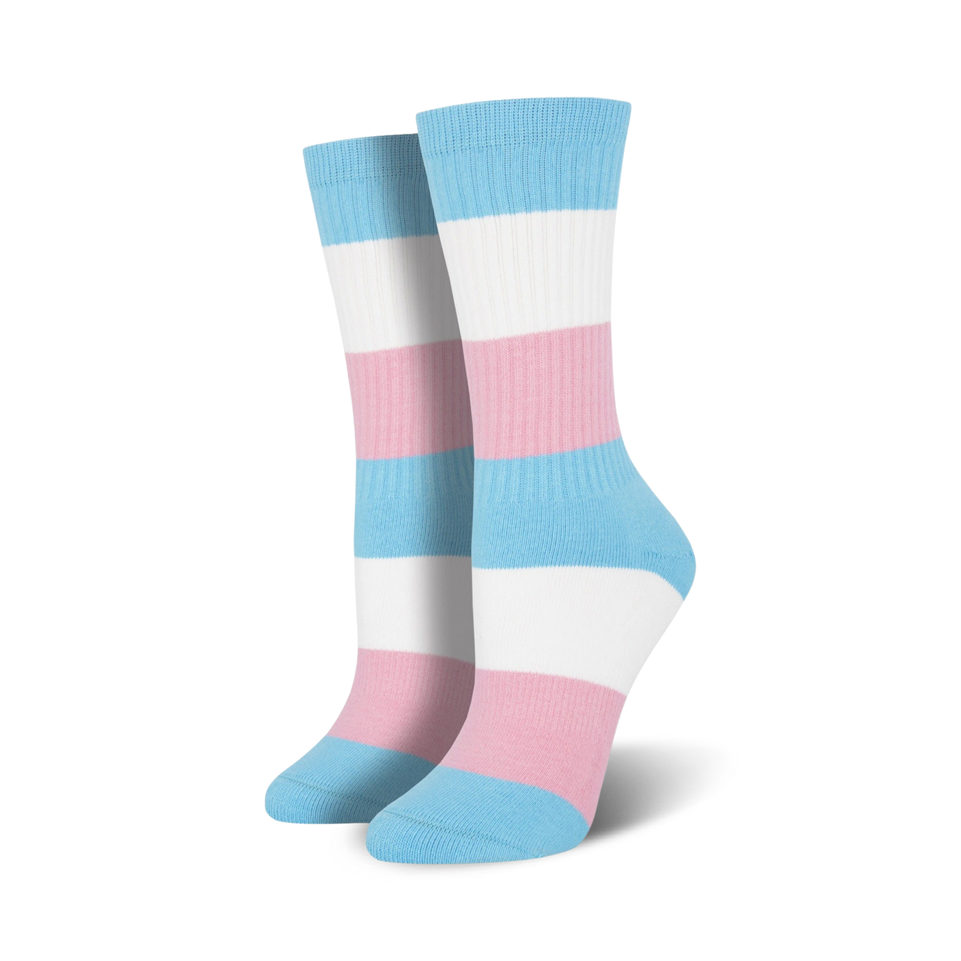 Pair of crew socks in light blue, pink, and white horizontal stripes representing the transgender pride flag.