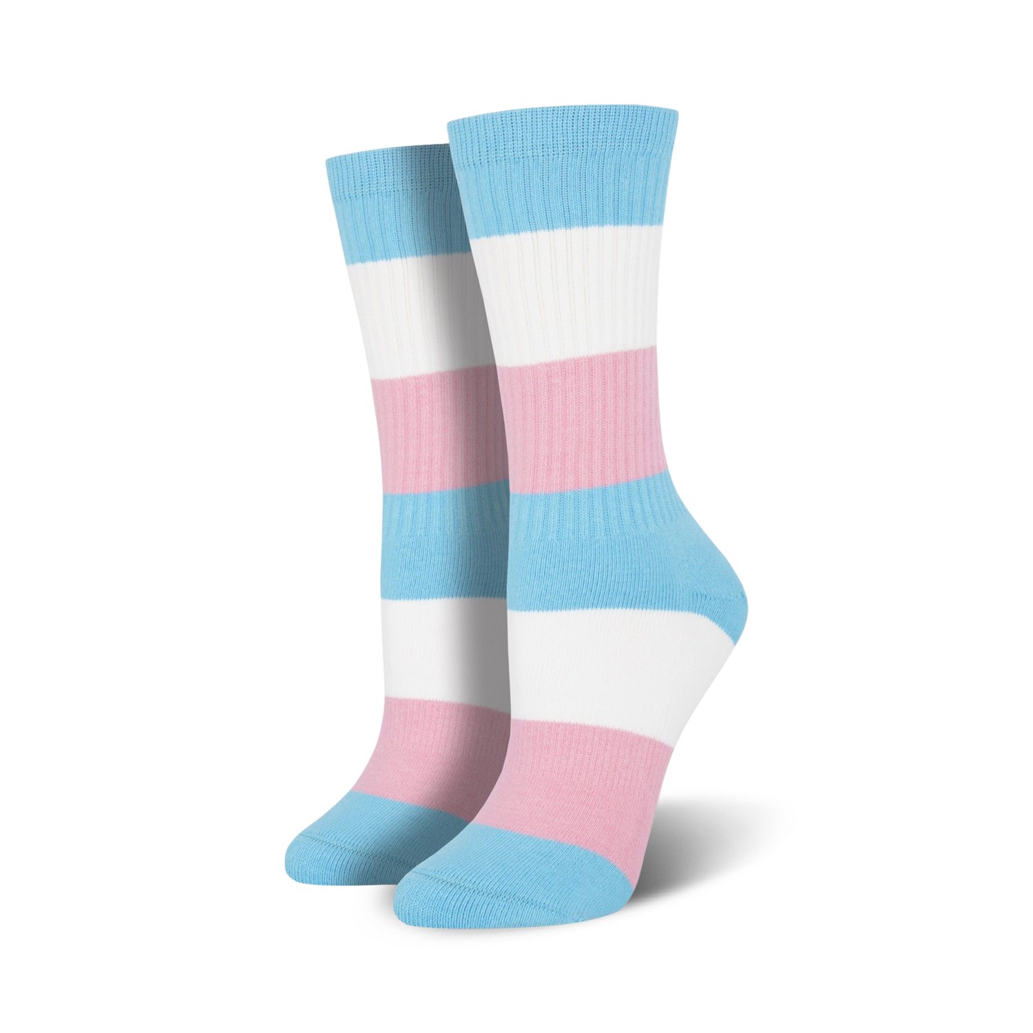 Pair of crew socks in light blue, pink, and white horizontal stripes representing the transgender pride flag.
