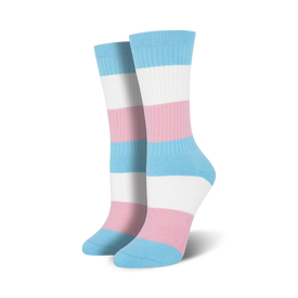 light blue, white, and pink striped trans pride crew socks for men and women. show your support for the transgender community with these fun and stylish socks.  