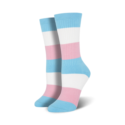 light blue, white, and pink striped trans pride crew socks for men and women. show your support for the transgender community with these fun and stylish socks.  