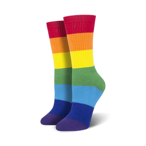 gay pride crew socks for men & women in red, orange, yellow, green, blue & purple  