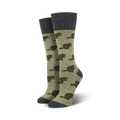 Pair of women's crew socks. Sage green with brown beaver pattern and gray cuffs.