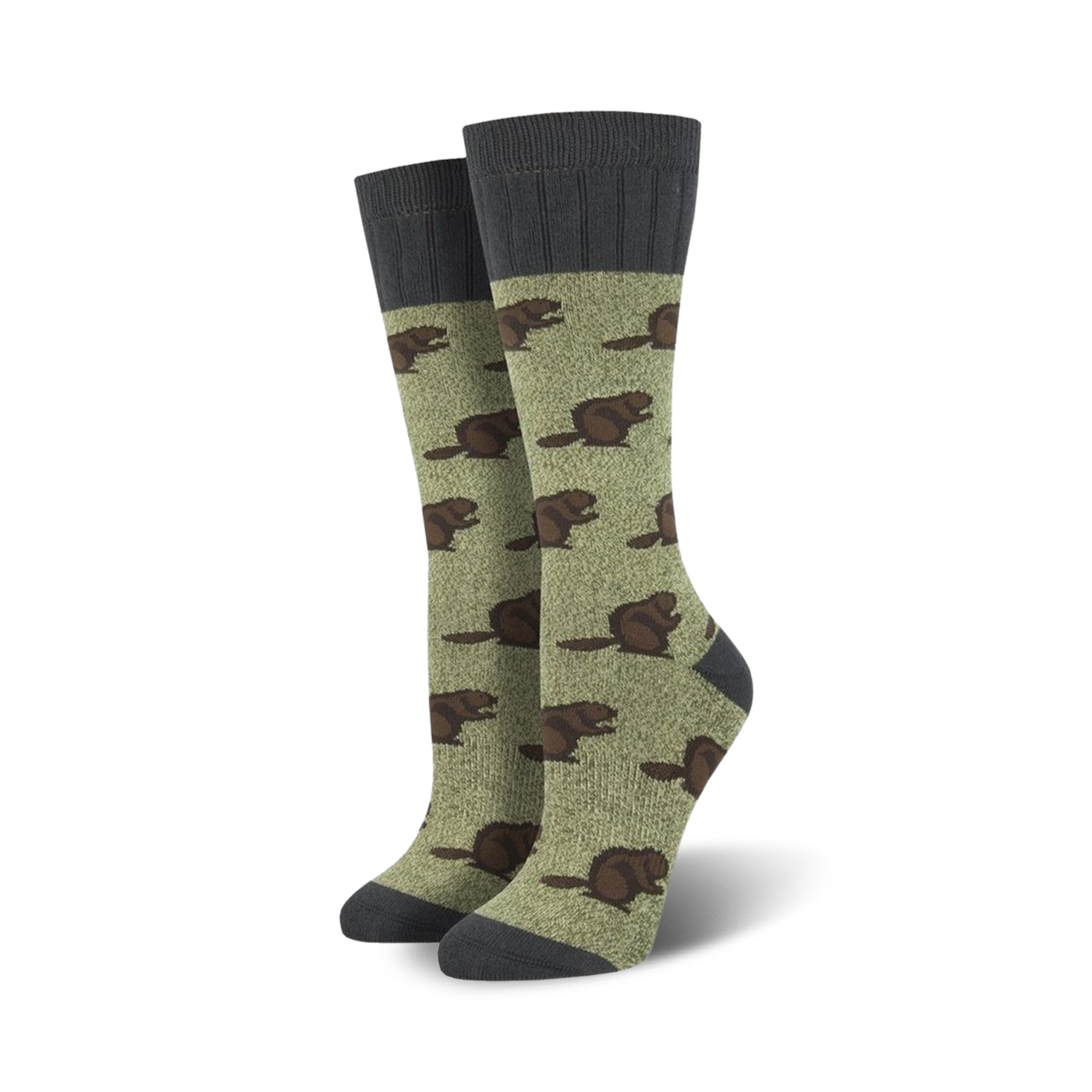 Pair of women's crew socks. Sage green with brown beaver pattern and gray cuffs.