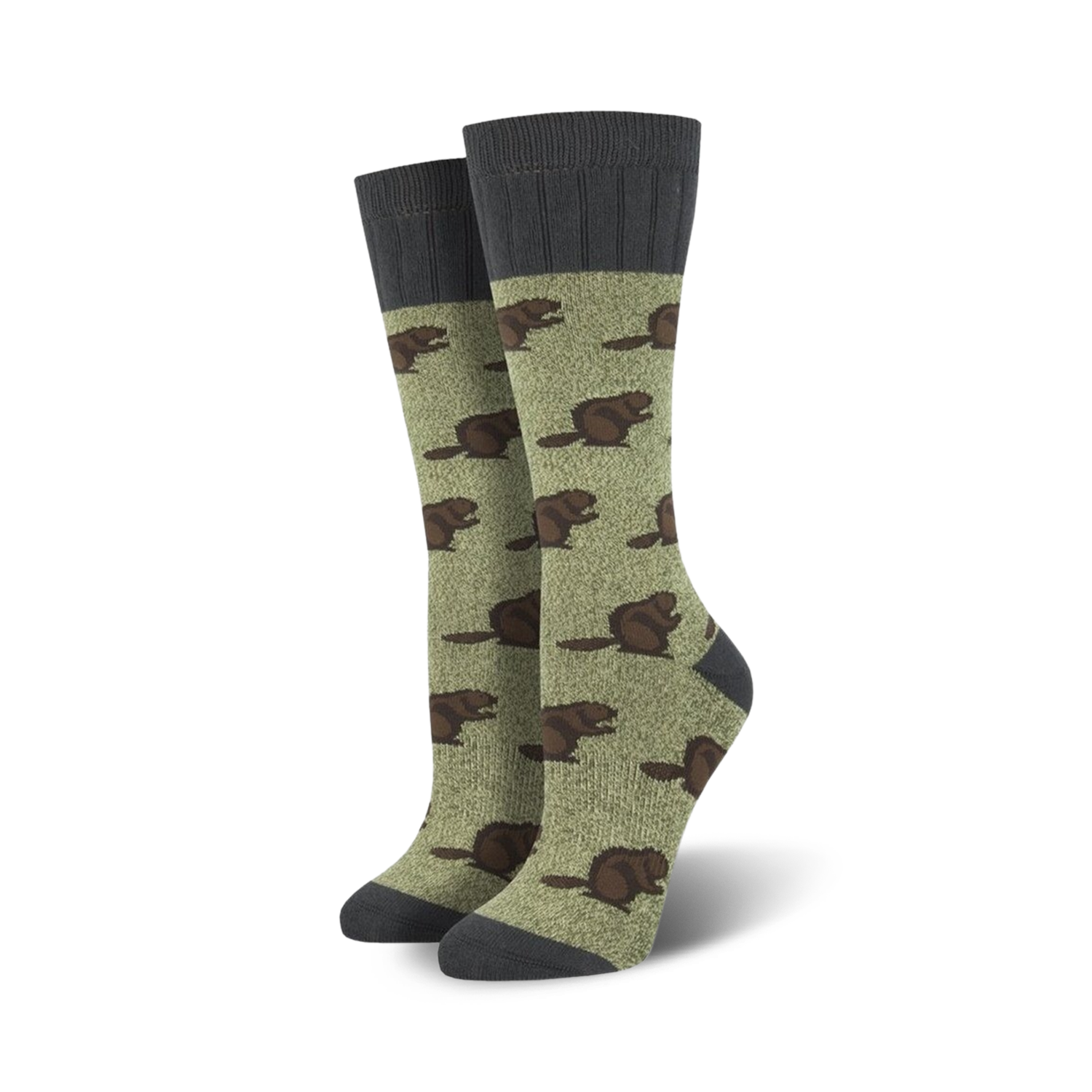 Pair of women's crew socks. Sage green with brown beaver pattern and gray cuffs.