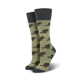 olive green boot socks with repeating design of brown beavers; perfect for outdoor enthusiasts.  