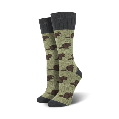 olive green boot socks with repeating design of brown beavers; perfect for outdoor enthusiasts.  