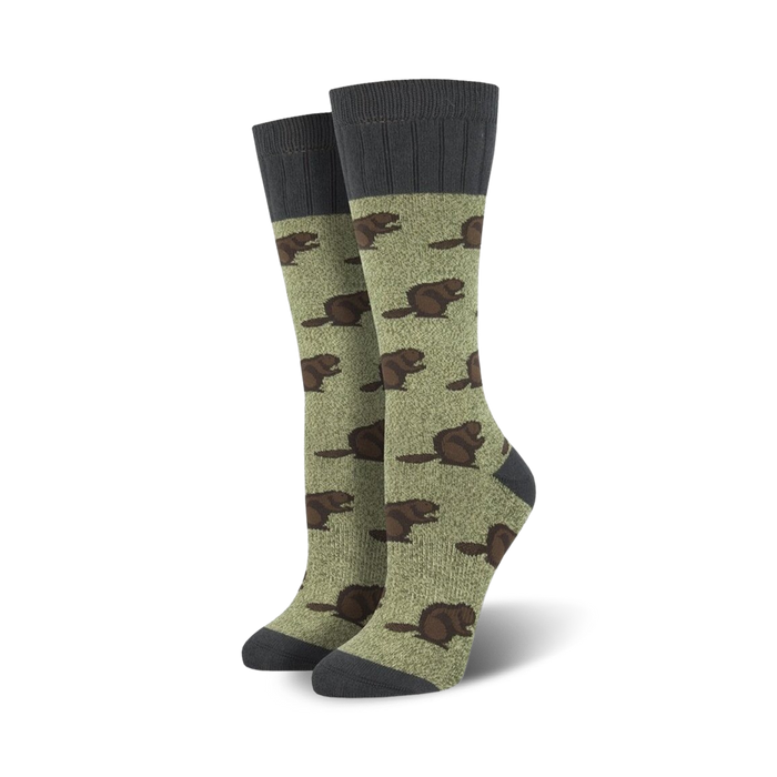 olive green boot socks with repeating design of brown beavers; perfect for outdoor enthusiasts.   }}