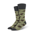 Pair of crew socks featuring a pattern of brown beavers on an olive green background. The socks have dark gray cuffs.