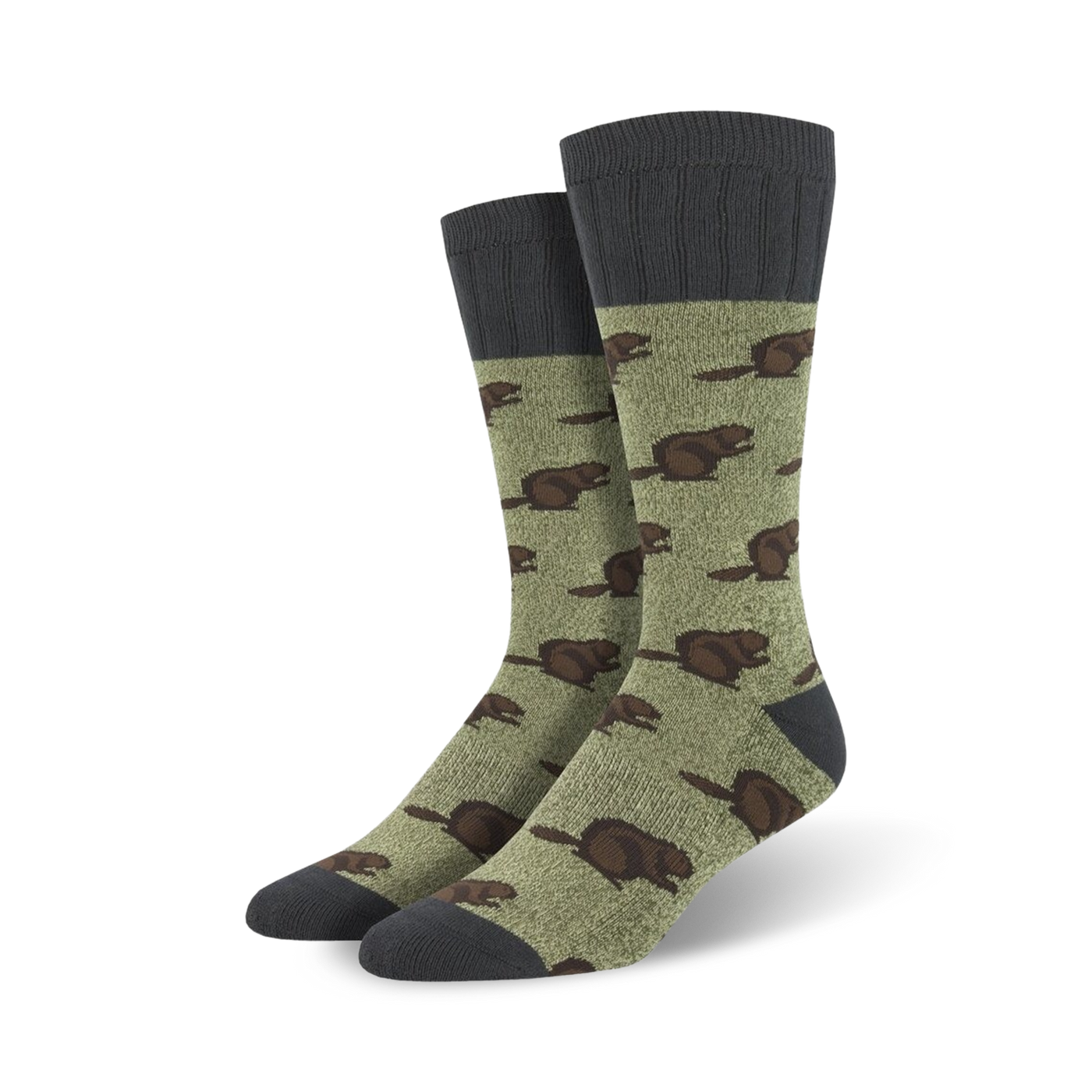 Pair of crew socks featuring a pattern of brown beavers on an olive green background. The socks have dark gray cuffs.