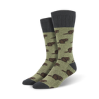 Pair of crew socks featuring a pattern of brown beavers on an olive green background. The socks have dark gray cuffs.