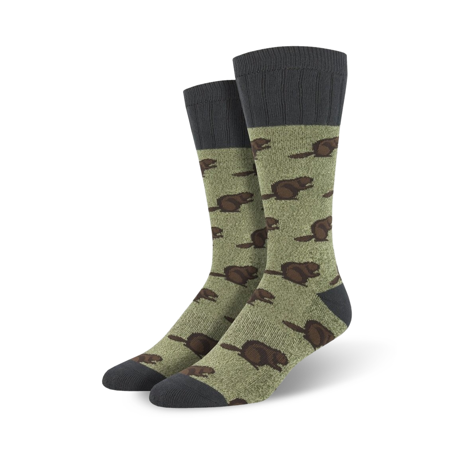 Pair of crew socks featuring a pattern of brown beavers on an olive green background. The socks have dark gray cuffs.