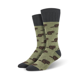 olive green socks with pattern of brown beavers in plaid shirts. boot length, mens.   