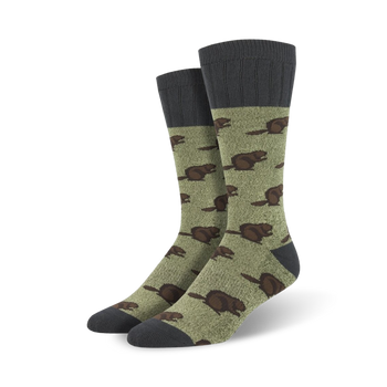olive green socks with pattern of brown beavers in plaid shirts. boot length, mens.   
