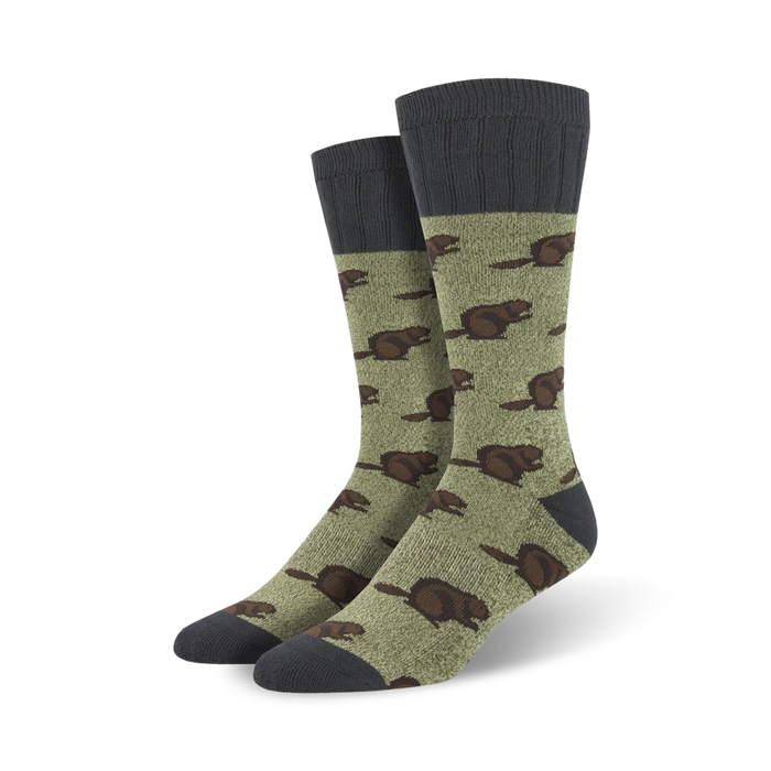 olive green socks with pattern of brown beavers in plaid shirts. boot length, mens.    }}